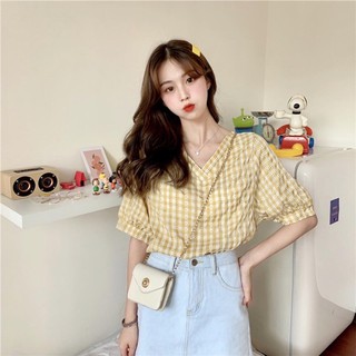🌻พร้อมส่ง🌻เสื้อลายสก็อต คอวี ผูกโบว์ ด้านหลัง แขนตุ๊กตา 🎀
