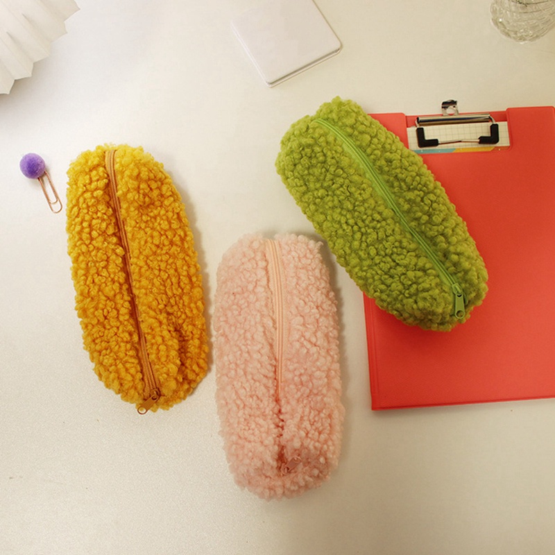 ในสต็อก-ดินสอปากกากระเป๋า Plush Kawaii ซิปกระเป๋าเครื่องสําอาง Make Up Organizer กระเป๋าโรงเรียนอุปกรณ์สํานักงาน (สีเบจ) - รูปที่ 4