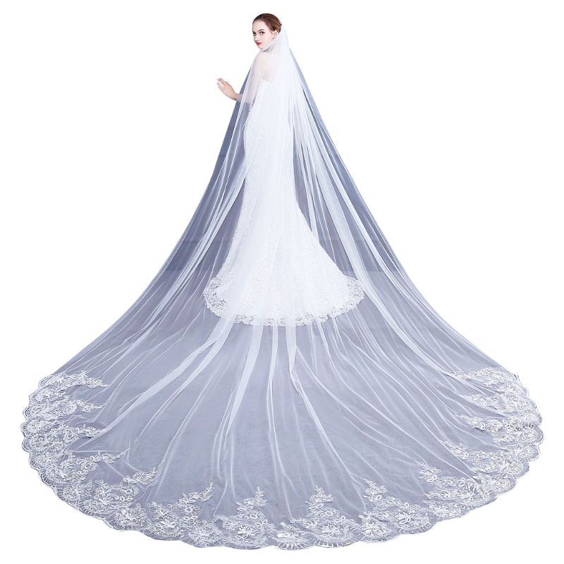 Sup 4M One-Layer Women Trailing Cathedral Long Wedding Veil ปักลายดอกไม้ลูกไม้