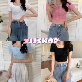 JJ shop 💜พร้อมส่ง เสื้อครอปไหมพรมคอยู แขนสั้นน่ารักเนื้อผ้านิ่มใส่สบาย "7288" -C