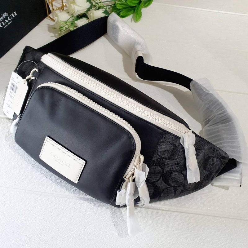 (ผ่อน0%) TRACK BELT BAG IN COLORBLOCK SIGNATURE CANVAS (COACH C6651) กระเป๋า คาดอก คาดเอว หนังแท้สีดำ ลายซีเทาดำ