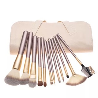 ชุดแปรงแต่งหน้า brush set มาพร้อมกับกระเป๋าหนัง set 12 ชิ้น(สีครีม)