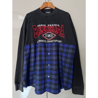 BALENCIAGA PARIS FRANCE BB WASH BLACK LOGO APPAREL EMBROIDERED AUTHENTIC PATCHED BLUE CHECKED LONG SLEEVE T-SHIRT