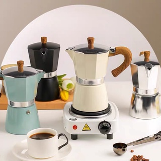 Moka Pot กาต้มกาแฟสดพกพา หม้อต้มกาแฟ ทรงแปดเหลี่ยม หูจับลายไม้