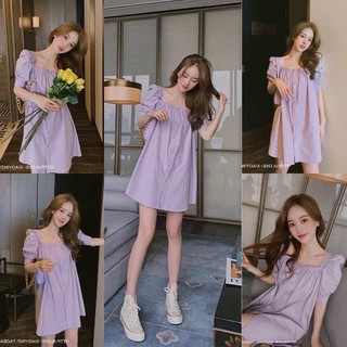 mini dress สไตล์เกาหลี แขนพอง กระดุมหน้า สม็อคช่วงไหล่ มี3สี