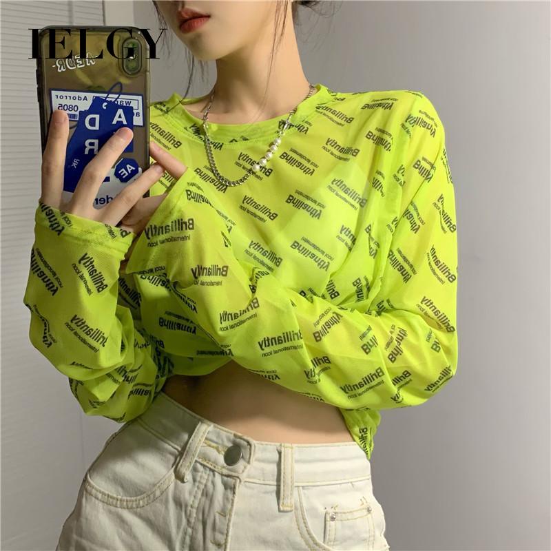 IELGY เสื้อยืดแขนยาวกันแดดตาข่ายซีทรูตัวอักษรเวอร์ชั่นเกาหลี