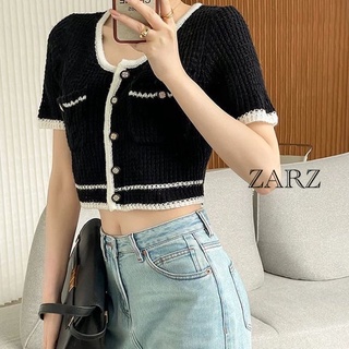 ZARZ.SHOP🍑พร้อมส่ง*เสื้อถักแขนสั้นกระดุมทอง ใส่แล้วดูแพง สวยกรู77088