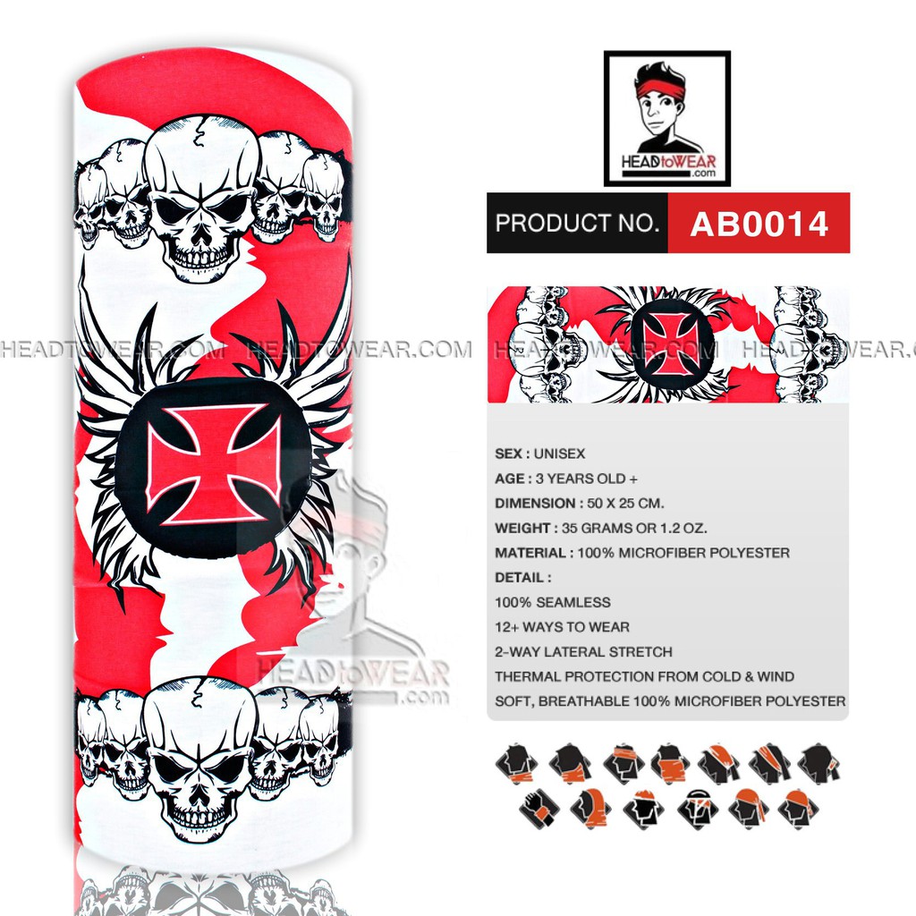 ผ้าบัฟฟ์ ผ้าโพกหัว ผ้าบัฟ HeadToWear ลายกระโหลกแดง-ขาว รหัส AB0014-7
