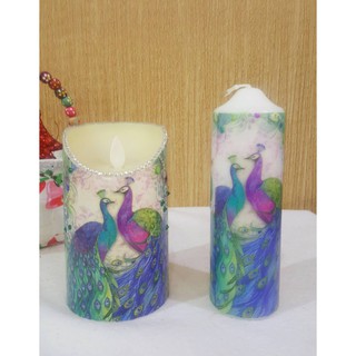 Set เทียน LED + เทียนแท่ง ลาย นกยูง - Handmade Set LED candle + long candle peacock design