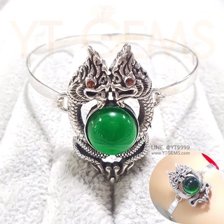 📣 กำไลพญานาคคู่ นาคเกี้ยว โอบมณีสีเขียว มรกต กำไลเงินแท้ รมดำ พลอย(CZ) YTG-11702