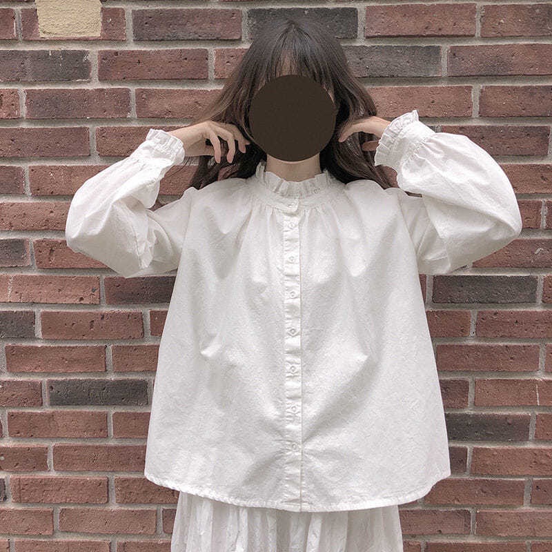 ใหม่เสื้อเชิ้ตสําหรับสตรีแขนแลนเทิร์นสีขาวปักลายลูกไม้สไตล์เกาหลี