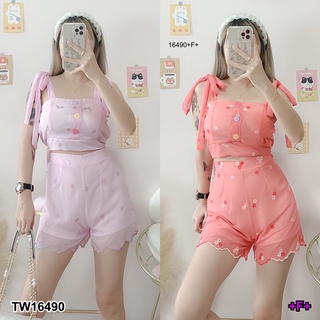 TW16490 Set 2 ชิ้น ลายดอก เสื้อสายเดี่ยว ปรับผูกสายเอง มาพร้อมกับกางเกงขาสั้น มีซับในทั้งอกและกางเกง ดานหลังกางเกงมีซิป