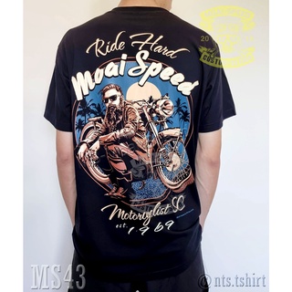 เสื้อยืดผ้าฝ้ายพรีเมี่ยม  43 Ride Hard 1969 เสื้อยืด สีดำ เสื้อไบค์เกอร์ รถแข่ง Moai Speed T-Shirt ผ้าคอตตอน สกรีนลาย