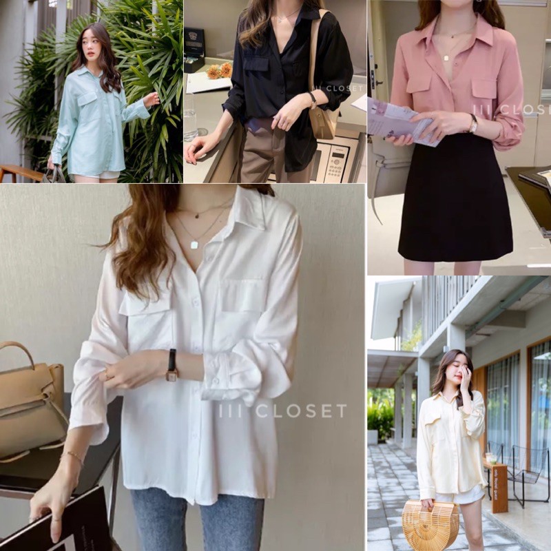 เสื้อเชิ้ต lll Freesize lll VA005 คอปก กระเป๋าคู่ แขนยาว เนื้อผ้าสลาฟ ผ้าดี ใส่สบาย ระบายอากาศได้ดี
