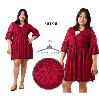 S6108 (สาวอวบอ้วน) Size รอบอก 46, 50 นิ้ว เดรสคอวีผ้าลูกไม้สีแดงเลือดหมู