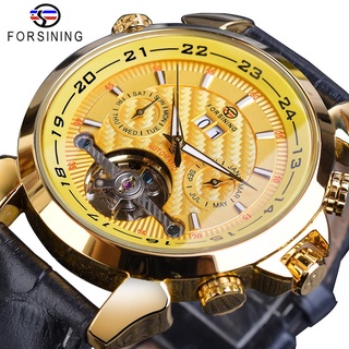 Forsining Hot Tourbillon Male Mechanical Watch Golden Grand Automatic Date Multifunction Genuine Leather Business Men Wr