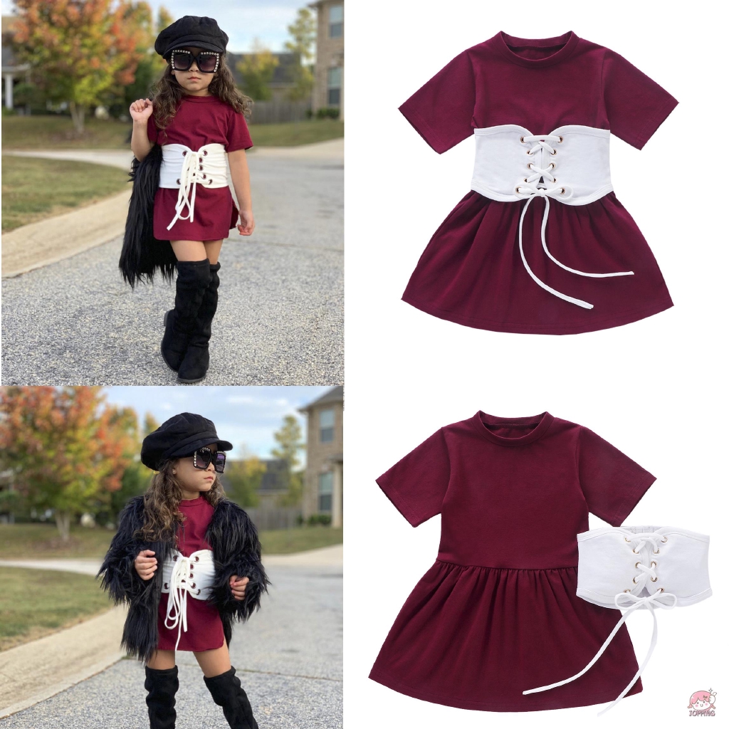 J0P-Little Girls Summer Cotton Dress Solid Color Vintage Round Neck ...