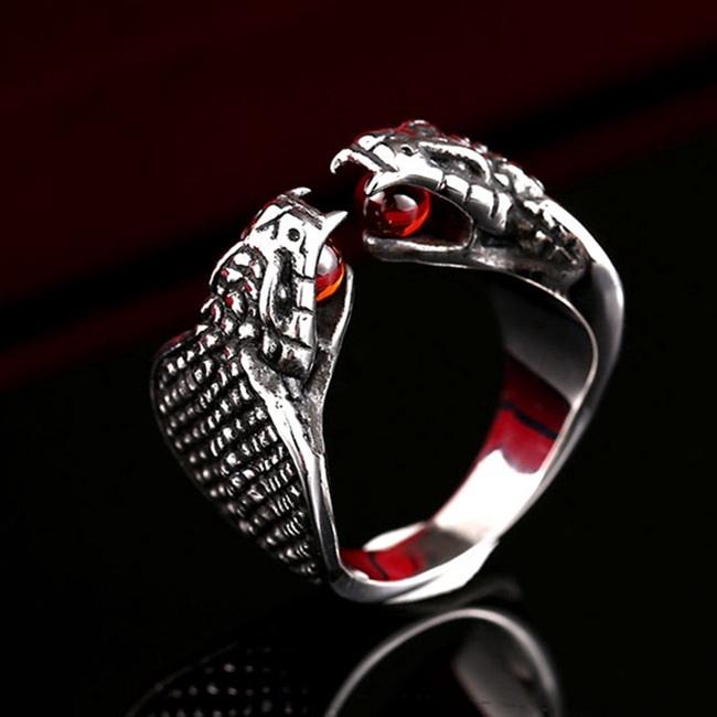 Stainless Steel Double Snake Heads Cobra Biker Ring