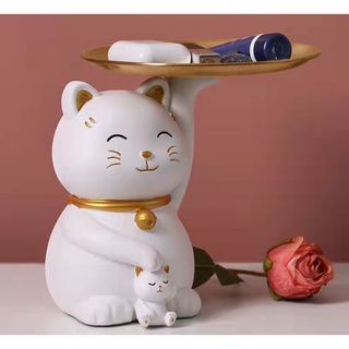 White cat แมวนำโชค และลูกตัวน้อย ถือถาด porch lucky cat แมวประดับ ที่เก็บเครื่องประดับ กุญแจ   ตกแต่งสำนักงาน