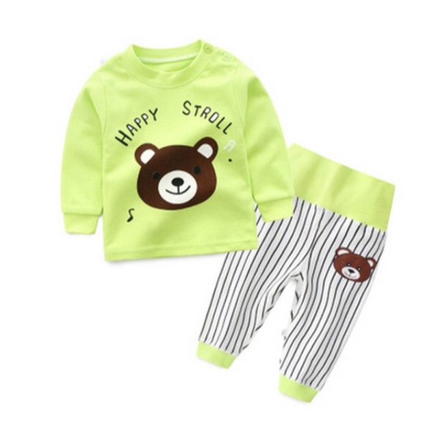 PJ365A ชุดนอนเด็ก เสื้อ+กางเกงเอวแถบ คอตตอน 100% ลายหมีเขียว (6-12ด/1ข/2ข/3ข/4ข/5ข)