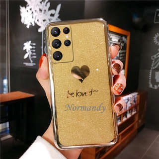 .เคส Ready Stock Casing Samsung Galaxy S22 S21 Ultra FE S22+ Plus 5G 2022 New Love Pattern Phone Case Bling Gold Glitter Hard Cover Protective Case เคสโทรศัพท์