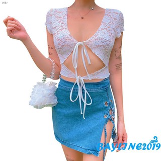 เสื้อครอป แขนสั้น ผ้าลูกไม้โครเชต์ แบบผูก สไตล์เซ็กซี่ สำหรับผู้หญิง 1 ชิ้น