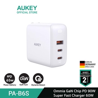 [สินค้าขายดี] AUKEY PA-B6S สีขาว หัวชาร์จเร็ว Omnia 90W 3-Port For MacBook Pro Charger with GaNFast TechnologyWall Charger รุ่น PA-B6S