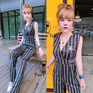 TW8350  จั้มสูทแขนกุด ลายทางคอวี เอวแต่งสายเข็มขัดรัด ใส่แร้วสวยมากดูแพง งานผ้าไหมอิตาลี่ ใส่สบาย มาตำกันค่าสาวๆ