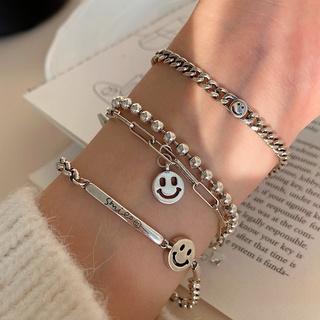 เครื่องประดับ สร้อยข้อมือเงิน จี้หน้ายิ้ม แฟชั่นฮิปฮอป สไตล์เกาหลี พังก์ สําหรับผู้หญิง