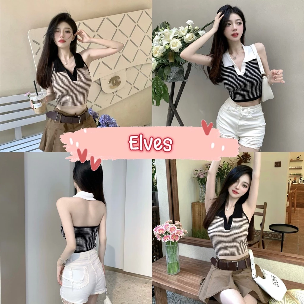Elves✨พร้อมส่ง✨ เสื้อครอปคล้องคอไหมพรม คอปก ดีเทลลายทางน่ารักมาก(0236)