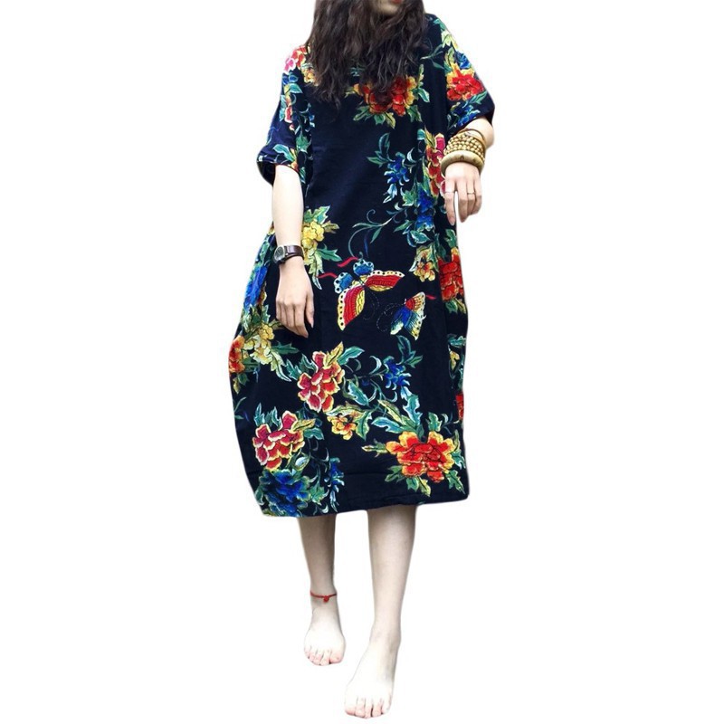 ชุดเดรส Dress Midi แขนสั้น Plus Size ลายดอกไม้