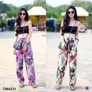 PP4231 Set 2ชิ้น เสื้อสายเดี่ยว+กางเกงลายใบไม้ขายาว