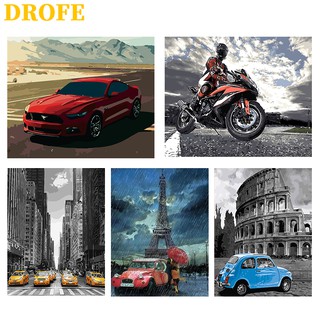 Drofe 【ขนาด: 50X40 ซม.】 ภาพระบายสีตามตัวเลข DIY ลายรถ แบบภาพวาดดิจิทัล สำหรับตกแต่งผนังบ้าน