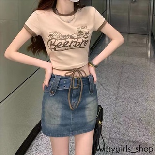 Wittygirls-shop_เสื้อครอปท็อปแขนสั้น แฟชั่นฤดูร้อน สําหรับผู้หญิง