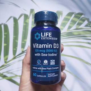 Life Extension® Vitamin D3 with Sea-Iodine™ 5000IU 60 Capsules #D-3 D 3 วิตามินเสริมสร้างระบบภูมิคุ้มกัน &amp; บำรุงสมอง