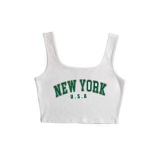 ‎˗ˏˋ เสื้อครอปแขนกุด พิมพ์ลาย New york แฟชั่นวัยรุ่นเมกา ´ˎ˗