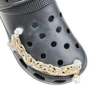 CROCS Jibbitz สายโซ่โลหะ ประดับไข่มุก สีทอง เครื่องประดับแฟชั่น สําหรับตกแต่งรองเท้าผู้หญิง