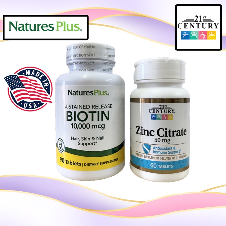 แพ็ค Nature's Plus, Biotin, Sustained Release, 10,000 mcg, 90 Tablets & 21st Century, Zinc Citrate, 