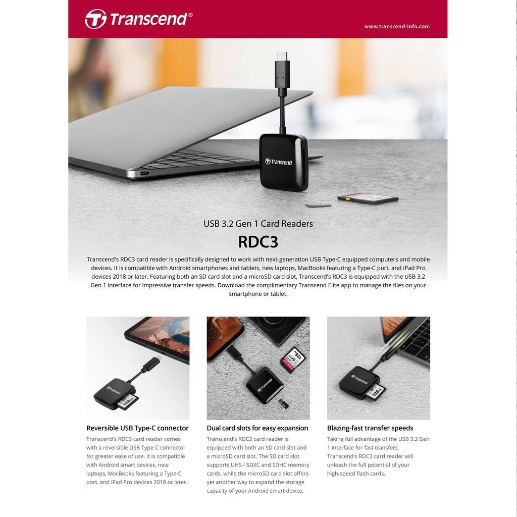 Transcend Card reader USB 3.2 Gen 1 / 3.1 Gen 1 Type C TS-RDC3 : รับประกัน 2  ปี - มีใบกำกับภาษี การ์ดรีดเดอร์ RDC3 | Shopee Thailand