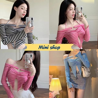 Mini shop🌸พร้อมส่ง🌸 (56332) เสื้อไหมพรมเปิดไหล่ คล้องคอน่ารักลายทางคิ้ว -C