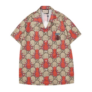 เสื้อเชิ้ตแขนสั้นลําลอง คอปก พิมพ์ลายสับปะรด GG คุณภาพสูง สําหรับผู้ชาย