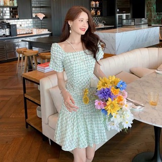 Green&amp;Mint daisy dress🌼 มินิเดรสลายสก็อตสีเขียวอ่อนสวยๆ ลายดอกเดซี่