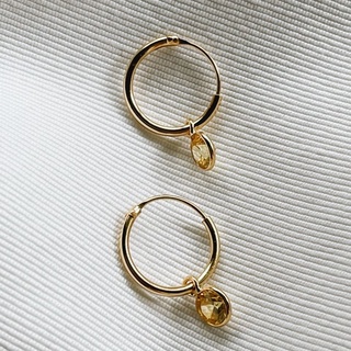 12mm Yellow CZ Dangle Hoops, 18K Gold Plated Sterling Silver Earrings E0085 | เงินแท้ 925 ชุบทองเเท้ 18 กะรัต