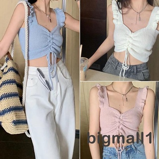 BIGMALL-Women´s Sleeveless Knitted Tank Tops, Solid Color Front Tie-Up Ruffles Decor Backless Casual Simple Tops