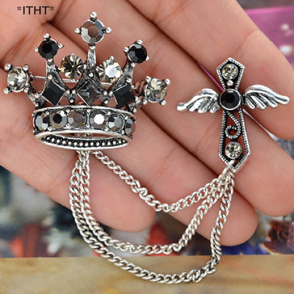 [[ITHT]] Groom and Men Jewelry Accessories Rhinestones Crown Cross Badge Tassel Brooch  [Hot Sell] #3