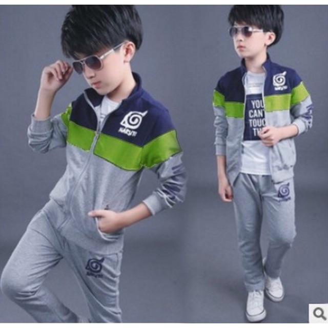 WC343A ชุดวอร์มกันหนาวเด็ก เสื้อซิปหน้า + กางเกง ลายนินจา *แถบเขียวเข้ม* (4ข/5ข/6ข/7ข/8ข/9ข)