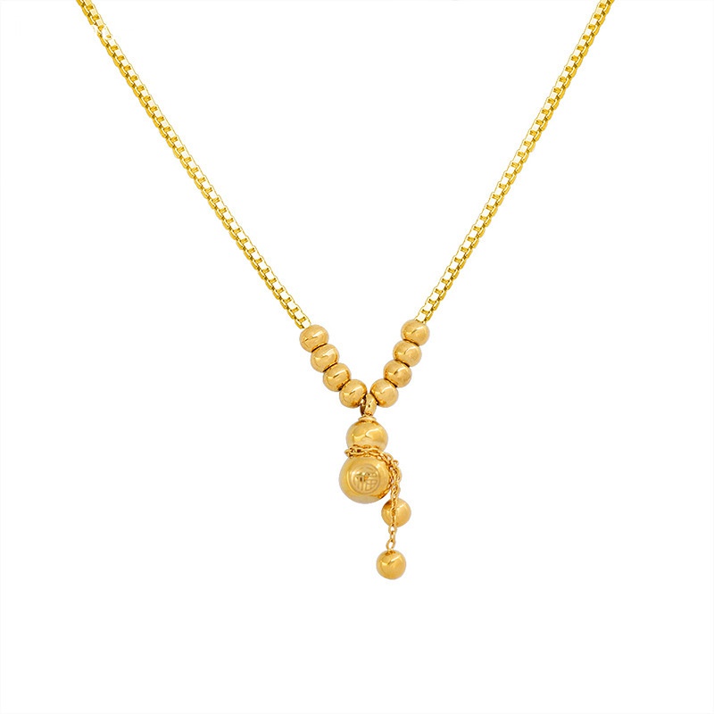 LAVANDE สไตล์จีน Gourd องค์ประกอบสร้อยคอหลายลูกเหล็ก Retro Niche Design ไทเทเนียมเหล็กชุบ 18K Gold Lucky สร้อยคอ DVNU - รูปที่ 3