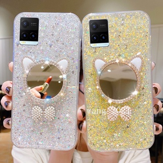 Fashion New Casing เคส Vivo Y73 Y21T Y33T Y21G Y21A Y21e Y21 Y21s Y33s Phone Case with Bowknot Diamond Makeup Mirror Silicone High Flash Soft Case เคสโทรศัพท