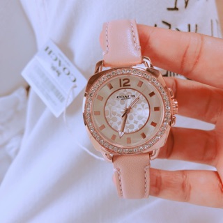 (ผ่อน0%) นาฬิกา Womens Coach 14503151 BOYFRIEND Silver Tone Glitz Watch สายหนัง สีชมพู หน้าปัดล้อมคริสตัล 34 มม.