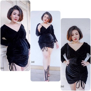 เสื้อผ้าคนอ้วน เดรสกำมะหยี่เนื้อนิ่ม ผ้าขึ้นเงาสวย คอวี แขนยาว ดีเทลรูดเชือกย่นด้านข้าง ใส่ยังไงก็สวย
